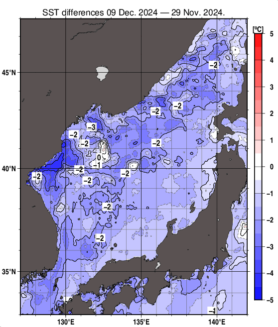 日本海の10日間の海面水温変化量分布図（12月9日）