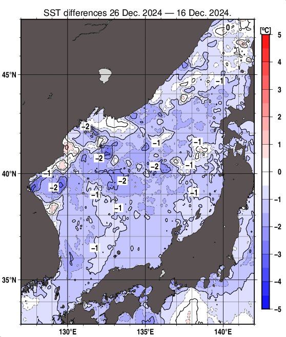 日本海の10日間の海面水温変化量分布図（12月26日）