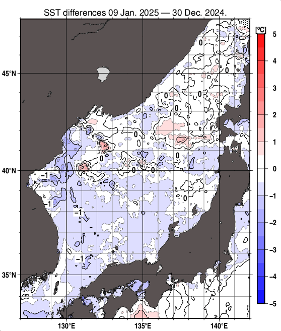 日本海の10日間の海面水温変化量分布図（1月9日）