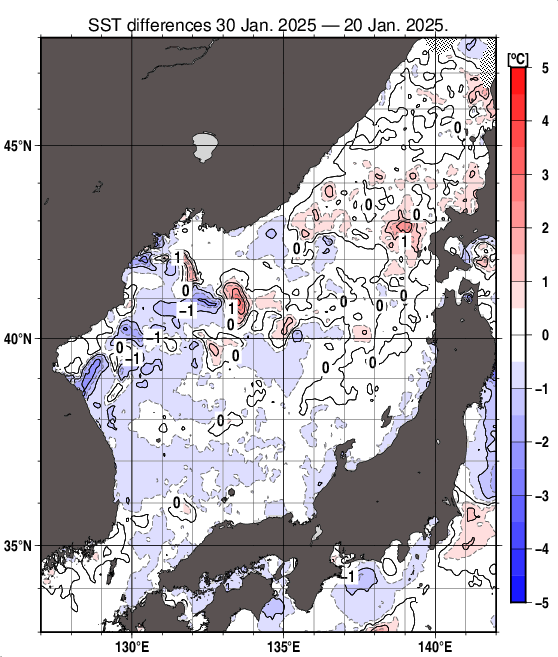 日本海の10日間の海面水温変化量分布図（1月30日）