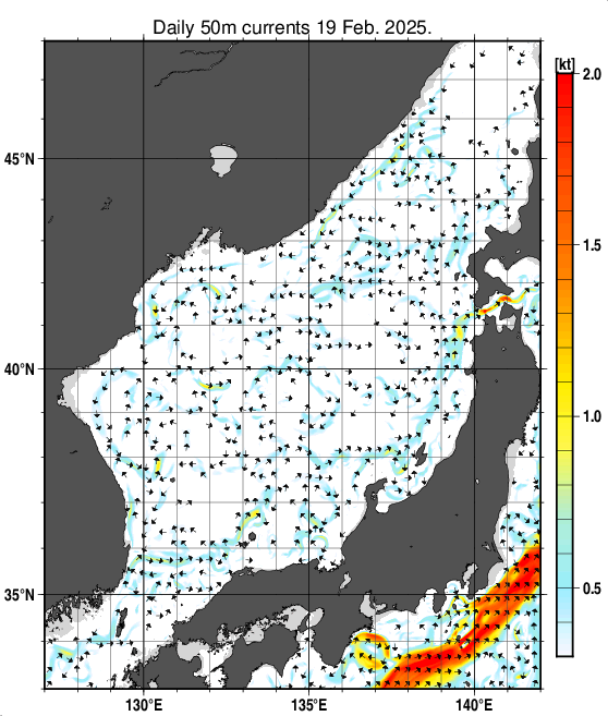 日本海の深さ50mの海流分布図（2月19日）
