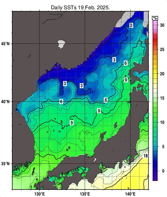 日本海の海面水温分布図（2月19日）