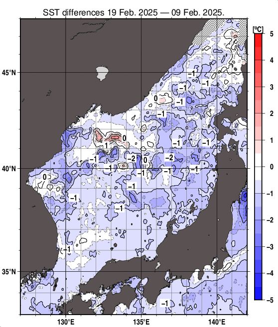 日本海の10日間の海面水温変化量分布図（2月19日）