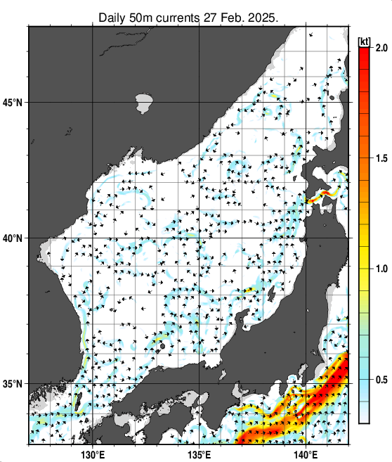 日本海の深さ50mの海流分布図（2月27日）