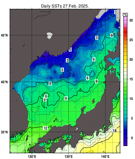 日本海の海面水温分布図（2月27日）