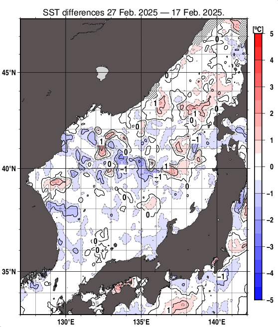 日本海の10日間の海面水温変化量分布図（2月27日）
