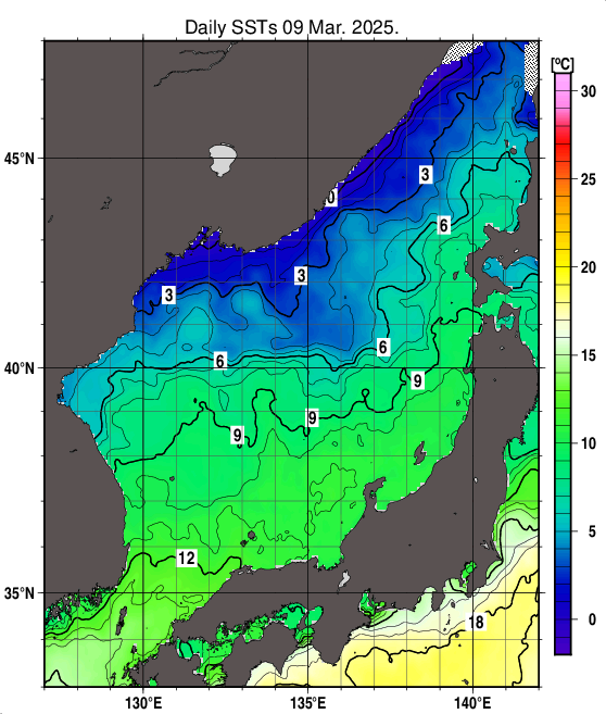 日本海の海面水温分布図（3月9日）