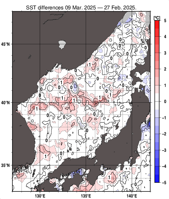 日本海の10日間の海面水温変化量分布図（3月9日）