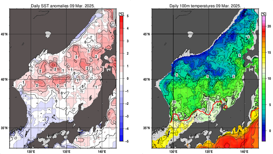 日本海の海面水温平年差分布図および深さ100mの水温分布図（3月9日）