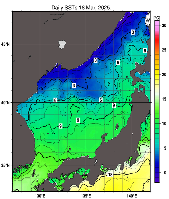 日本海の海面水温分布図（3月18日）