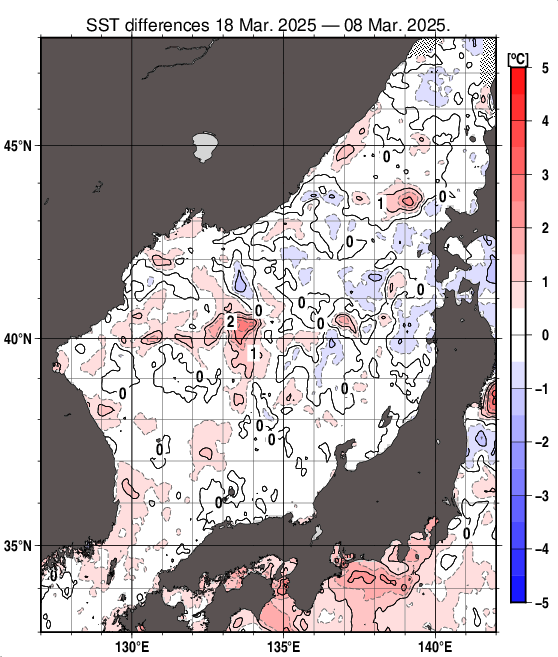 日本海の10日間の海面水温変化量分布図（3月18日）