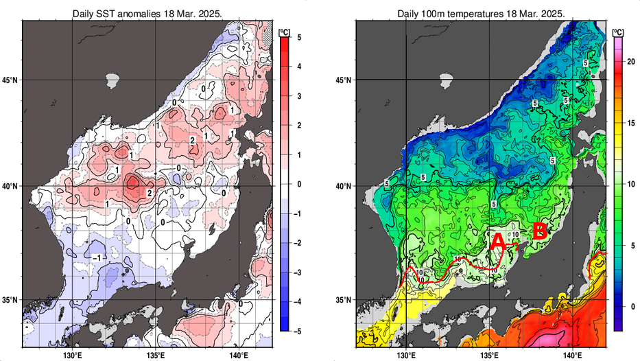 日本海の海面水温平年差分布図および深さ100mの水温分布図（3月18日）