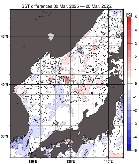 日本海の10日間の海面水温変化量分布図（3月30日）
