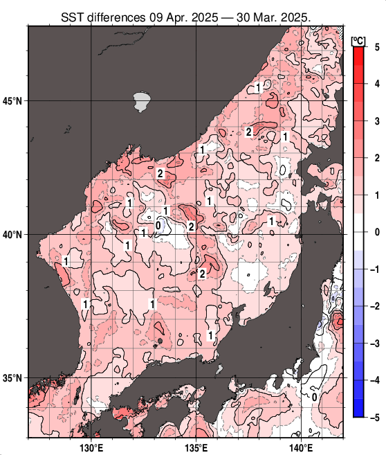 日本海の10日間の海面水温変化量分布図（4月9日）