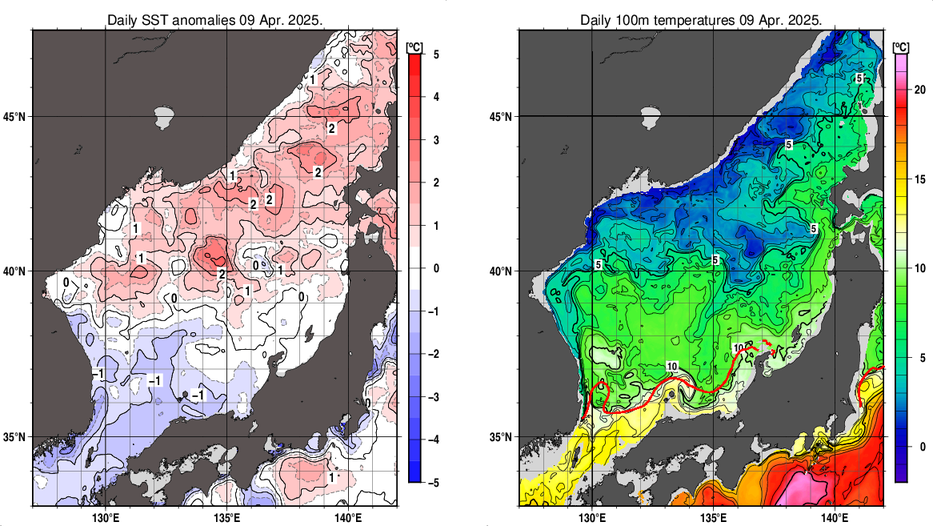 日本海の海面水温平年差分布図および深さ100mの水温分布図（4月9日）