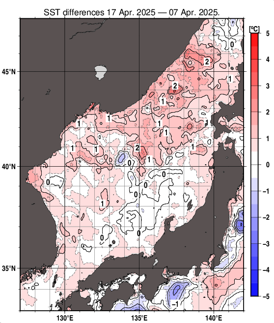 日本海の10日間の海面水温変化量分布図（4月17日）