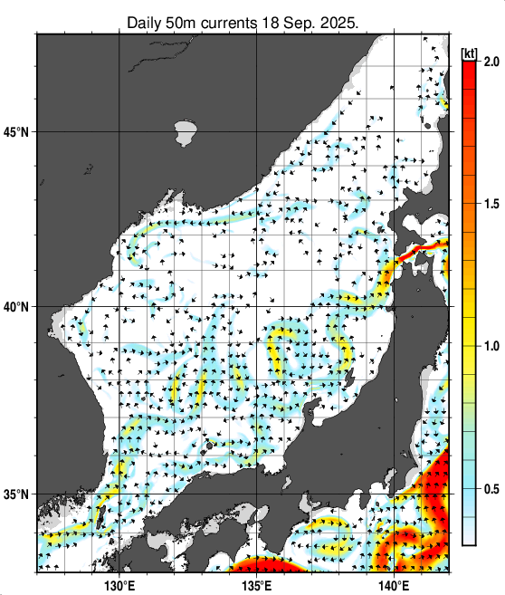 日本海の深さ50mの海流分布図（9月18日）