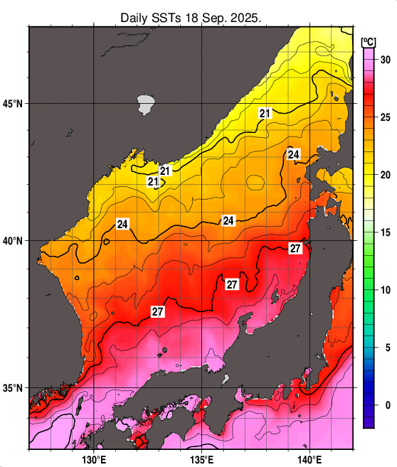日本海の海面水温分布図（9月18日）