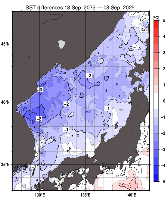 日本海の10日間の海面水温変化量分布図（9月18日）
