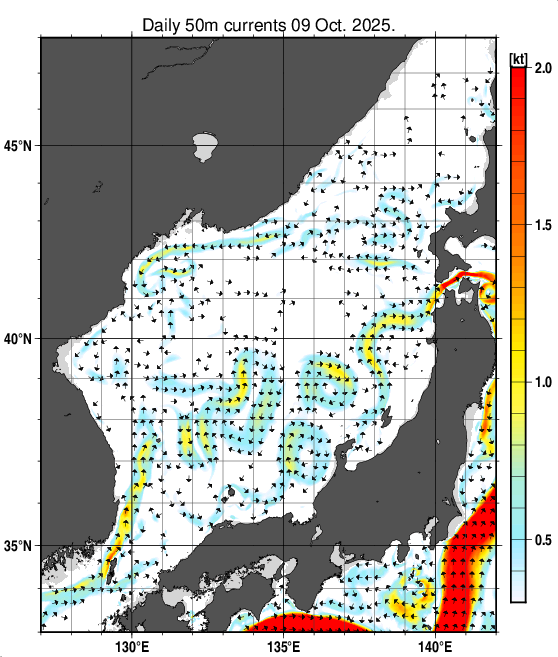 日本海の深さ50mの海流分布図（10月9日）