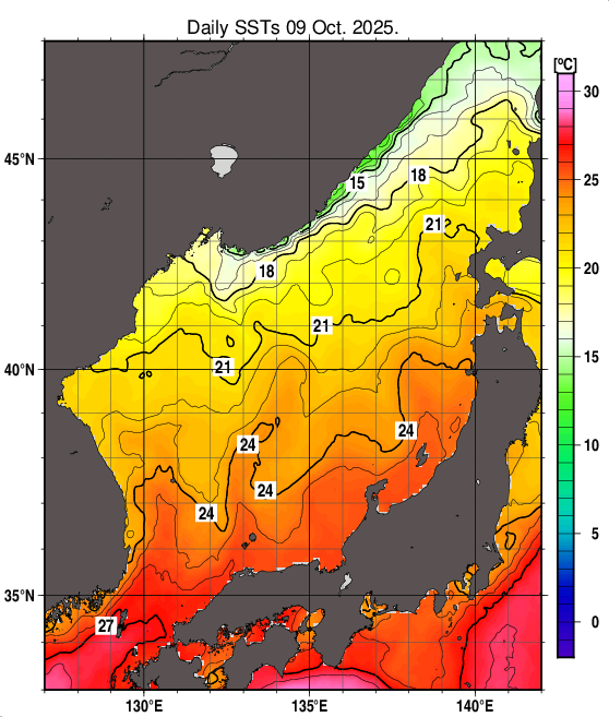 日本海の海面水温分布図（10月9日）