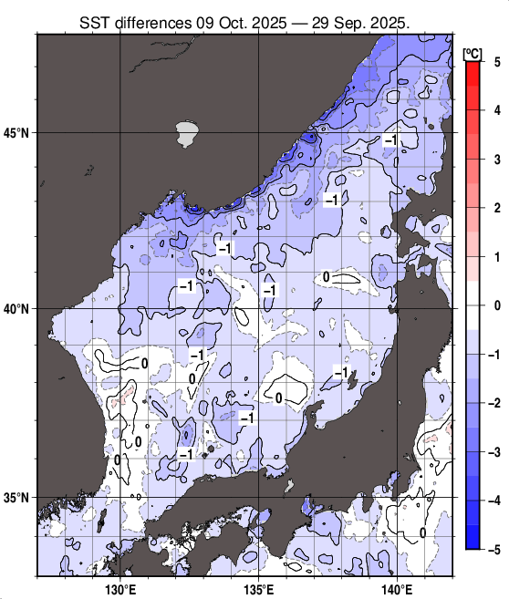 日本海の10日間の海面水温変化量分布図（10月9日）