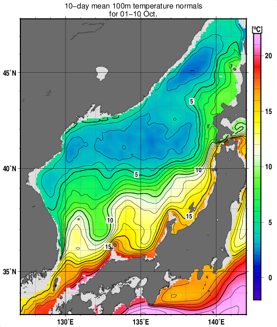 日本海の深さ100mの水温の旬別平年値(1993～2017年の25年間の平均)(10月上旬)