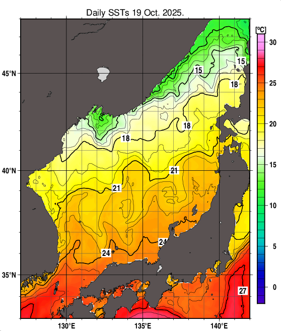 日本海の海面水温分布図（10月19日）
