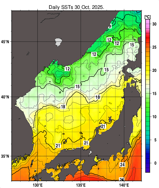 日本海の海面水温分布図（10月30日）