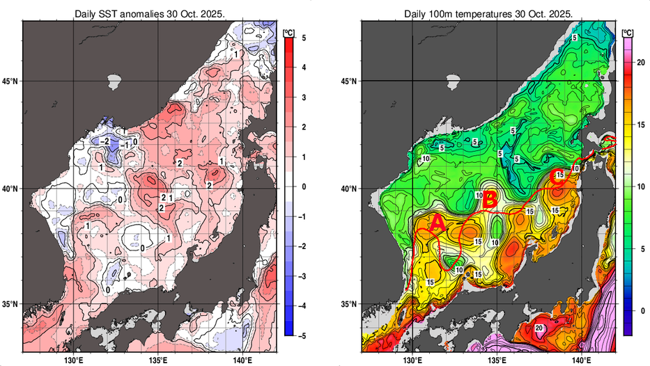 日本海の海面水温平年差分布図および深さ100mの水温分布図（10月30日）