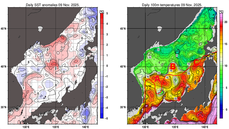 日本海の海面水温平年差分布図および深さ100mの水温分布図（11月9日）