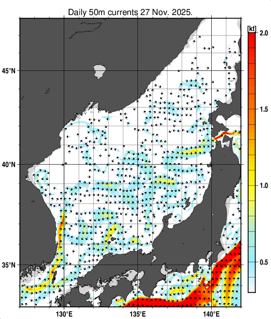 日本海の深さ50mの海流分布図（11月27日）
