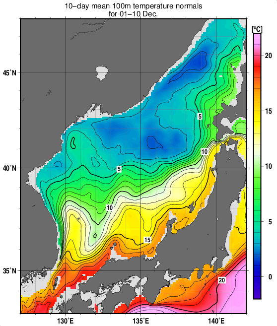 日本海の深さ100mの水温の旬別平年値(1993～2017年の25年間の平均)(12月上旬)