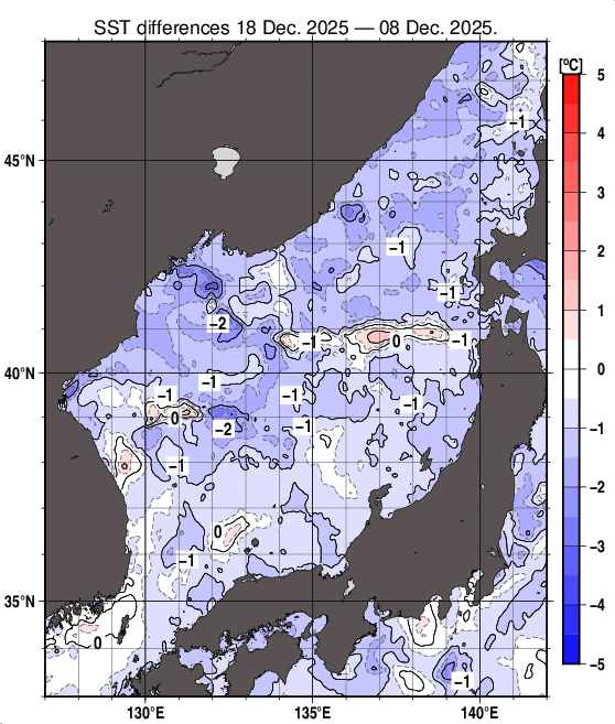 日本海の10日間の海面水温変化量分布図（12月18日）