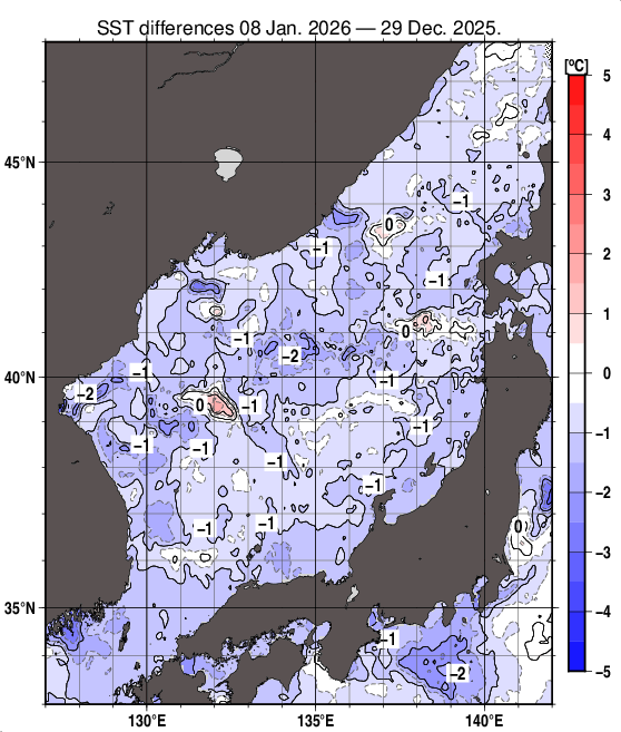 日本海の10日間の海面水温変化量分布図（1月8日）