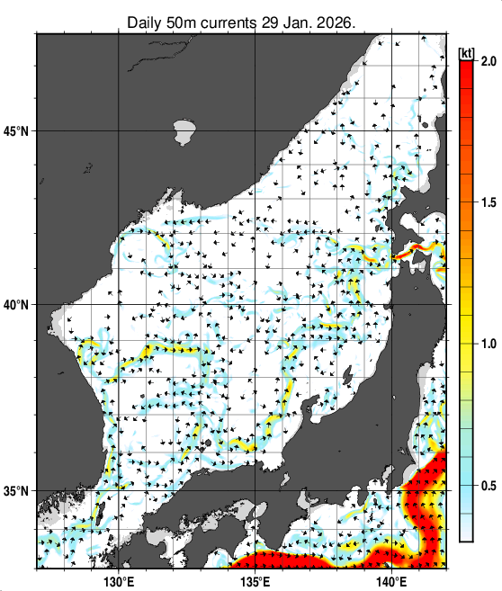 日本海の深さ50mの海流分布図（1月29日）