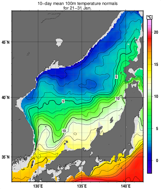 日本海の深さ100mの水温の旬別平年値(1993～2017年の25年間の平均)(1月下旬)