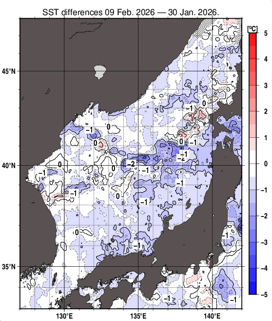 日本海の10日間の海面水温変化量分布図（2月9日）