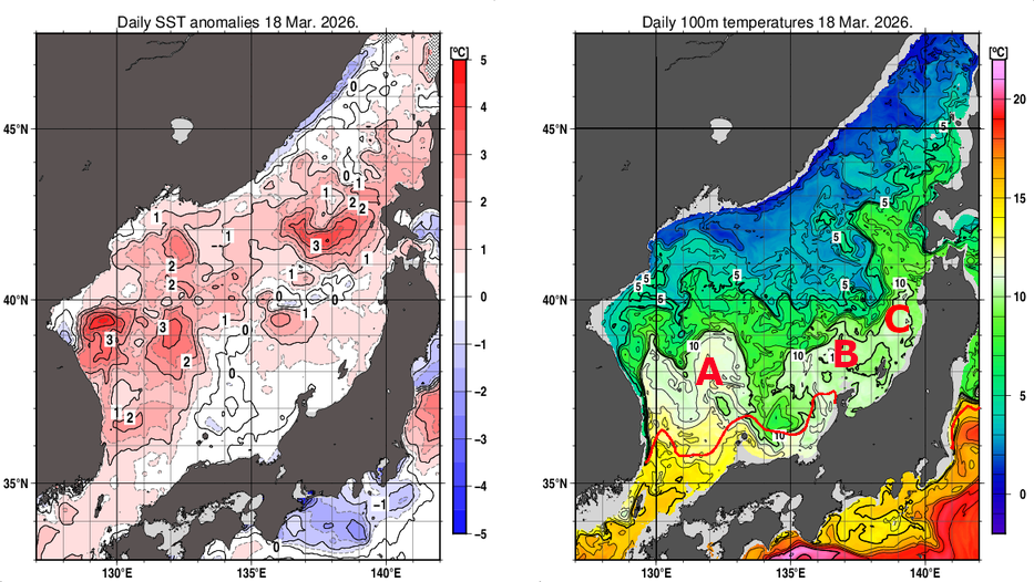 日本海の海面水温平年差分布図および深さ100mの水温分布図（3月18日）