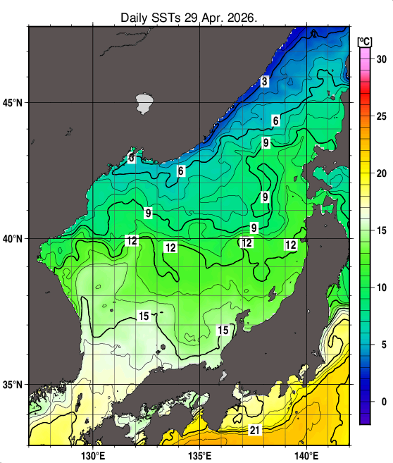 日本海の海面水温分布図（4月29日）