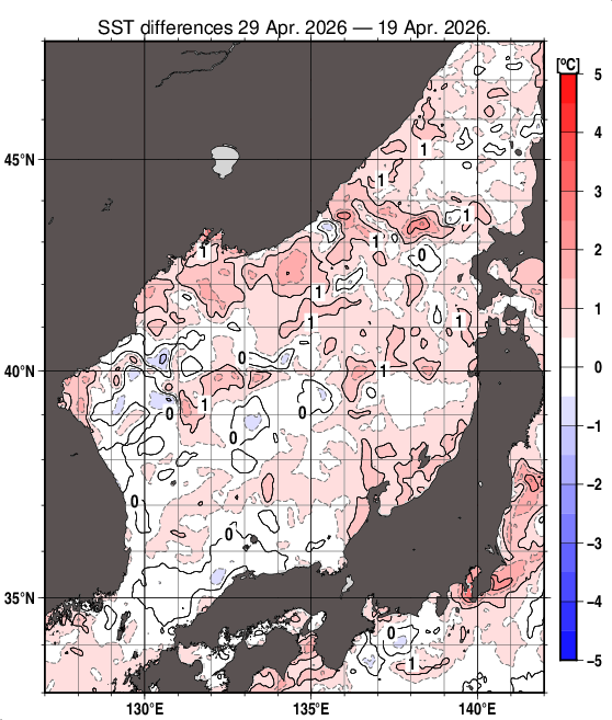 日本海の10日間の海面水温変化量分布図（4月29日）