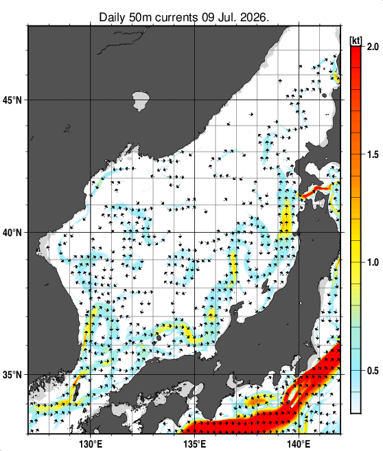 日本海の深さ50mの海流分布図（7月9日）