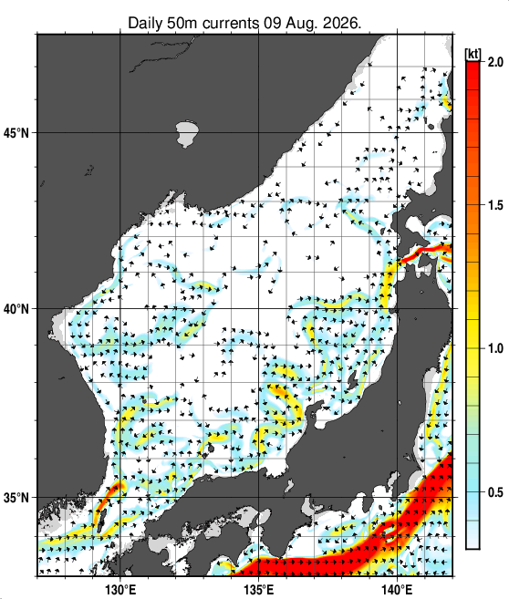 日本海の深さ50mの海流分布図（8月9日）
