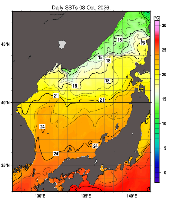 日本海の海面水温分布図（10月8日）