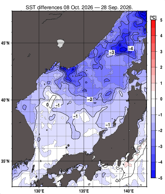 日本海の10日間の海面水温変化量分布図（10月8日）