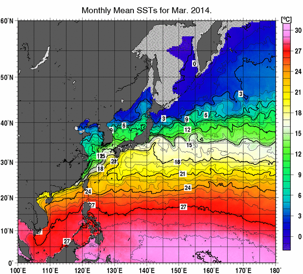 北西太平洋の月平均海面水温分布図（2014年3月）