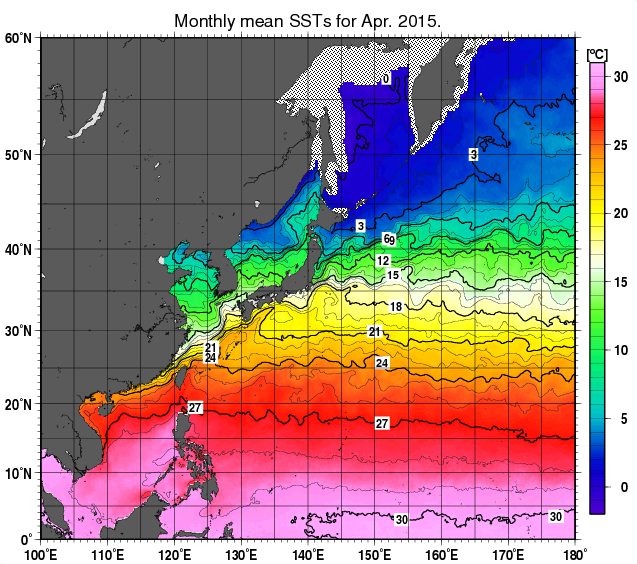 北西太平洋の月平均海面水温分布図（2015年4月）