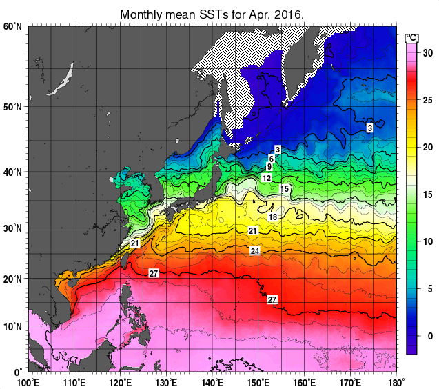 北西太平洋の月平均海面水温分布図（2016年4月）