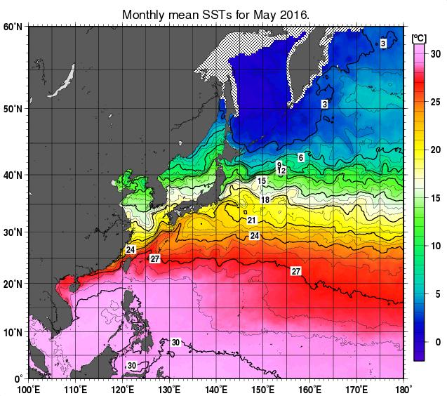 北西太平洋の月平均海面水温分布図（2016年5月）