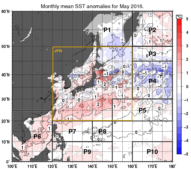 北西太平洋の月平均海面水温平年差分布図（2016年5月）
